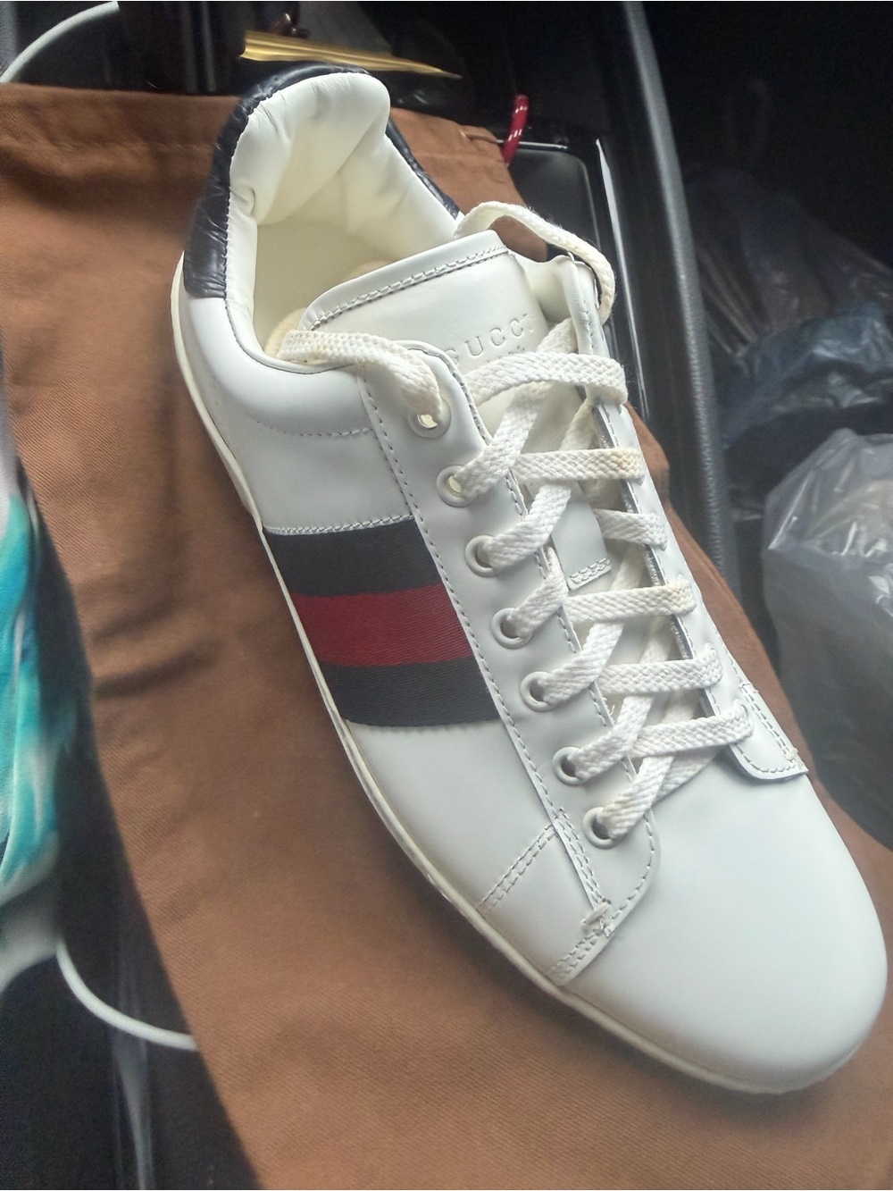 Gucci White Leather Sneaker with Red & Navy Web Stripe
